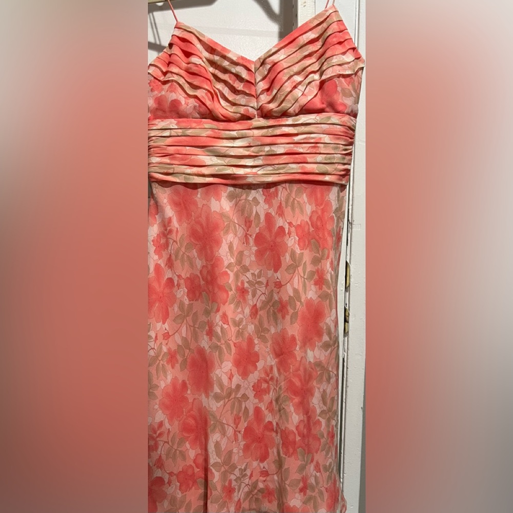 100 % Silk Dress- Floral Orange, Pink ...Spaghetti Straps, Pleated waistband